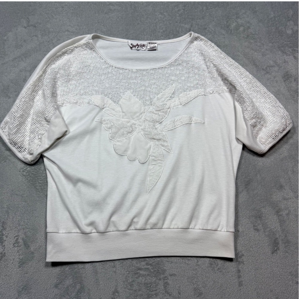 Vintage 80s White Cotton Blend Floral Applique‎ Crochet Knit Dolman Top Size M